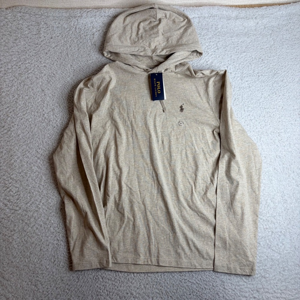NEW Polo Ralph Lauren Mens Long Sleeve Hooded T-Shirt Beige Oatmeal Cotton  M